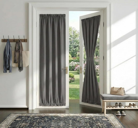 Blackout Door Window Curtains, Dual Rod Pocket Grey Drape for Front Glass French Door, Privacy Thermal V1258-DP02-B-2053