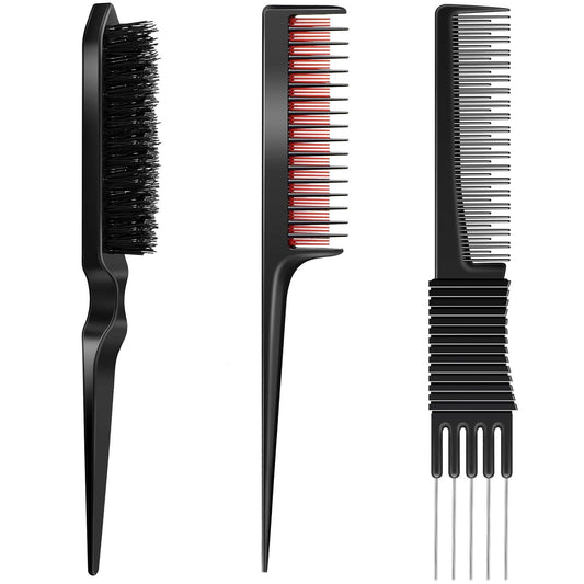 3 Pieces Pick Teasing Combs Hair Brush Set Includes Black Carbon Lift with Metal Prong, Triple Pin Rat Tail V1258-DP02-B-206