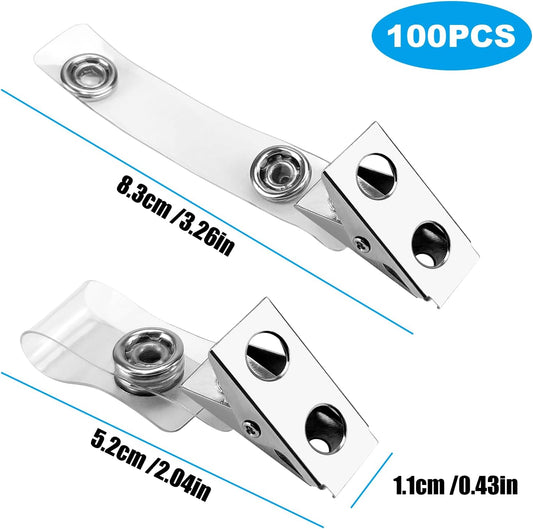 DE 100Pcs Metal Badge Clips with Clear PCV Straps,ID Strap Clip Adapter ID Badge Clips V1258-DP02-B-2060