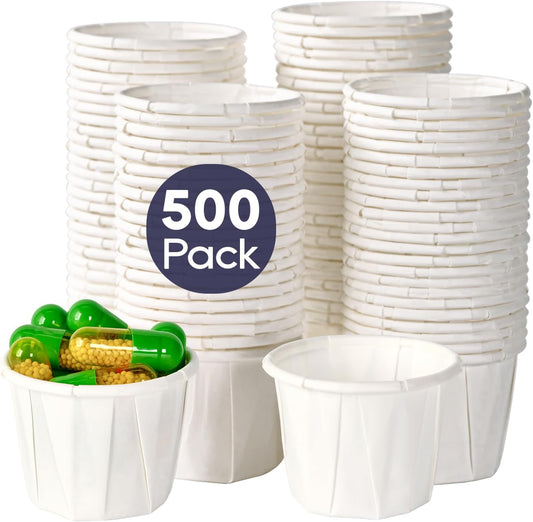 500 Pack 0.75 oz Disposable Paper Souffle Medicine Cups, 3/4 oz Sample Cups for Tasting Pills, Food Dessert V1258-DP02-B-2070