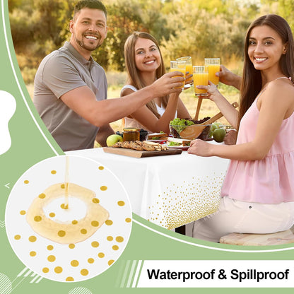 3 Packs Dot Disposable Table Cloth, 54 x 108 Inch Waterproof Plastic Tablecloth, Rectangle Gold Dots in White V1258-DP02-B-2074