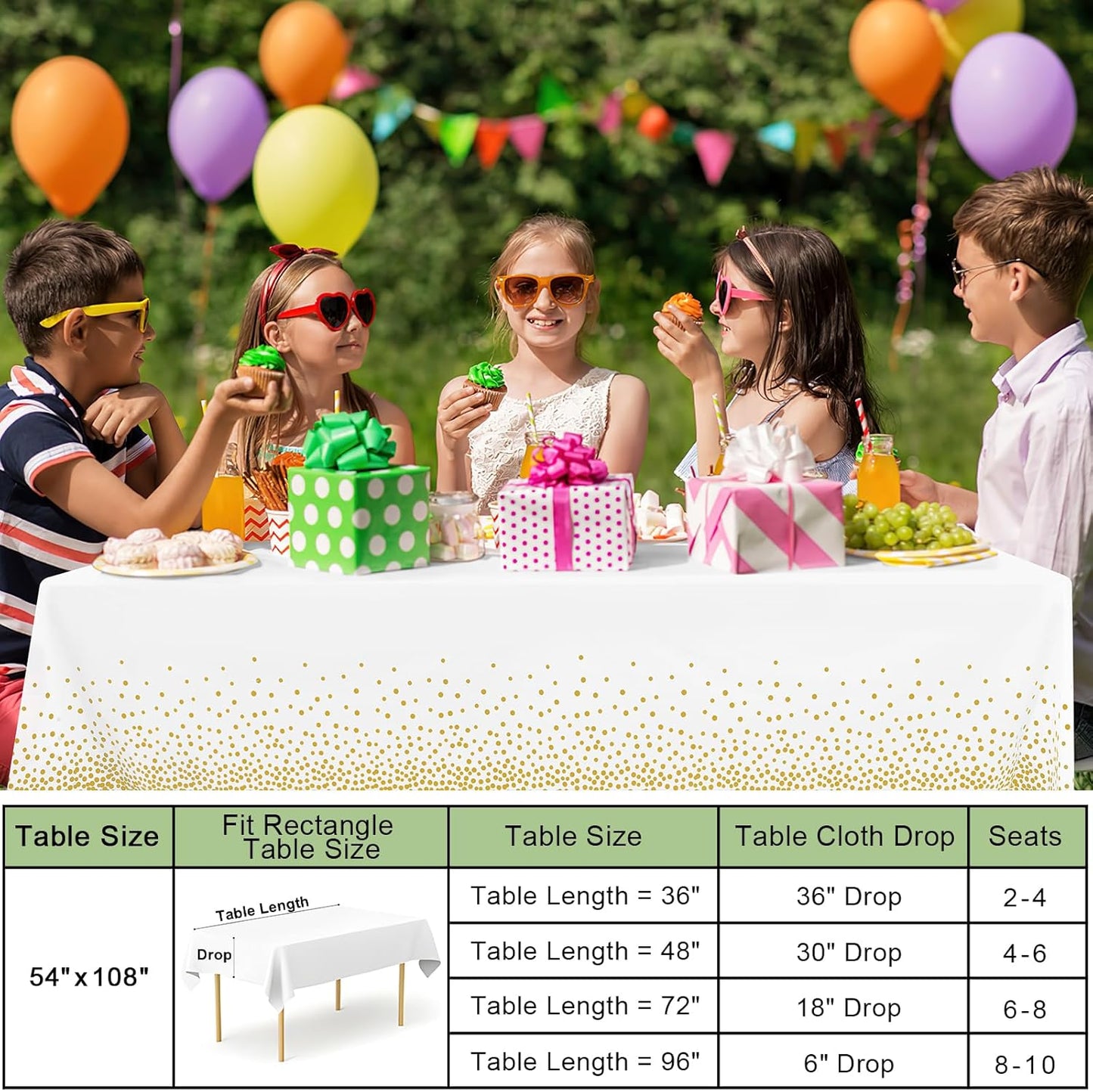 3 Packs Dot Disposable Table Cloth, 54 x 108 Inch Waterproof Plastic Tablecloth, Rectangle Gold Dots in White V1258-DP02-B-2074