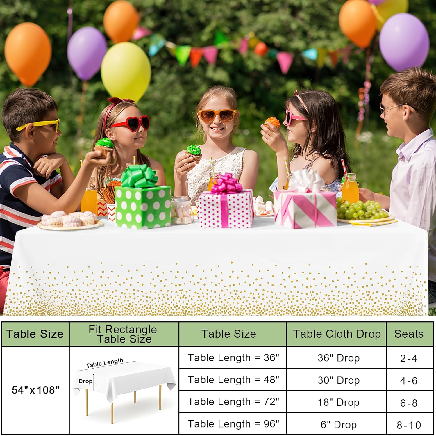 3 Packs Dot Disposable Table Cloth, 54 x 108 Inch Waterproof Plastic Tablecloth, Rectangle Gold Dots in White V1258-DP02-B-2074