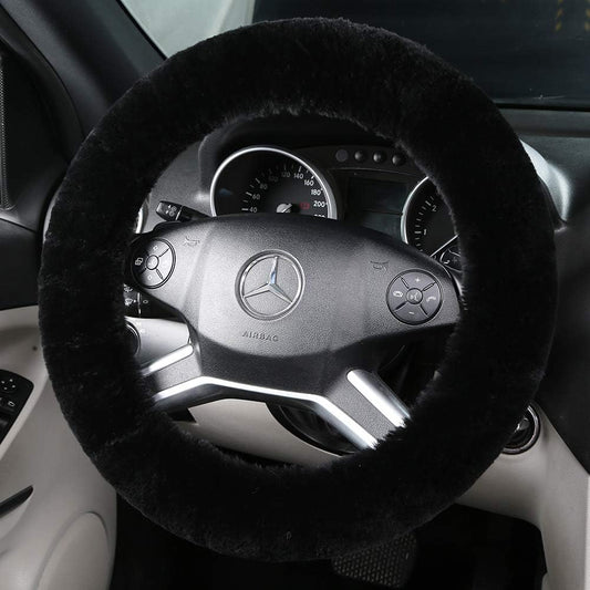 Fluffy Wool Sheepskin Fuzzy Black Car Steering Wheel Cover for Universal Auto Steering Wheel 14 1/2-15 V1258-DP02-B-2085