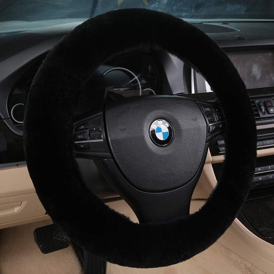 Fluffy Wool Sheepskin Fuzzy Black Car Steering Wheel Cover for Universal Auto Steering Wheel 14 1/2-15 V1258-DP02-B-2085
