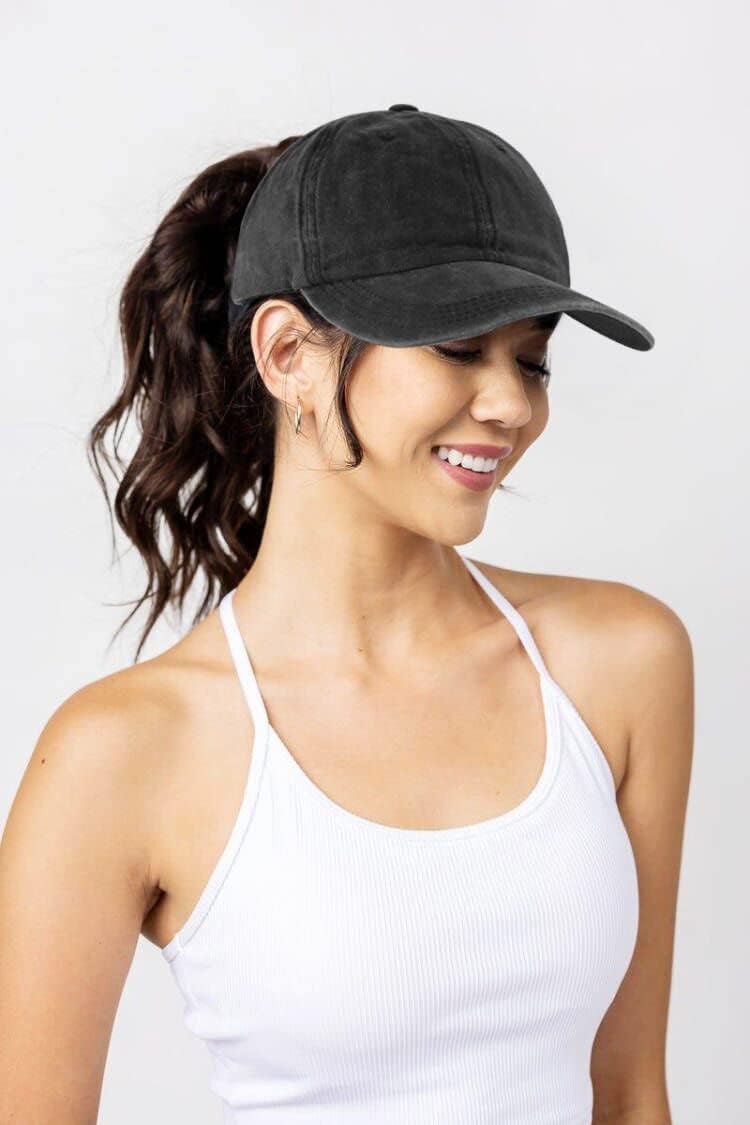 Ponytail Baseball Hat Distressed Retro Washed Womens Twill V1258-DP02-B-2091