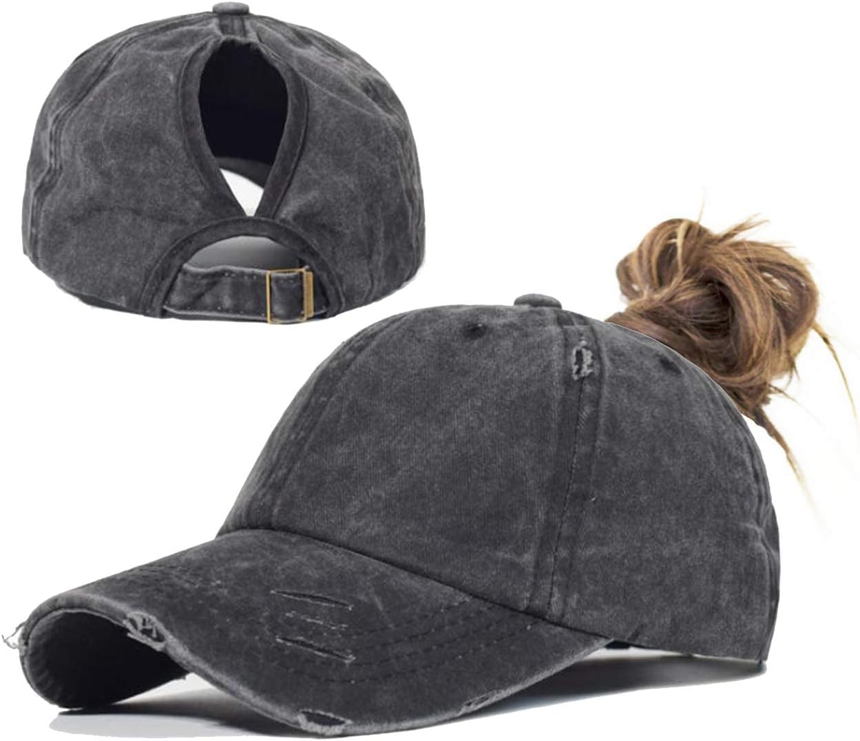 Ponytail Baseball Hat Distressed Retro Washed Womens Twill V1258-DP02-B-2093