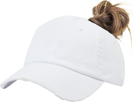 Ponytail Baseball Hat Distressed Retro Washed Womens Twill V1258-DP02-B-2094