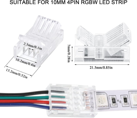 20 Pcs 4 Pin 10 mm LED Strip Connector RGB Lights Waterproof Adapter 22 AWG Wires Connector for Strip Light V1258-DP02-B-2096