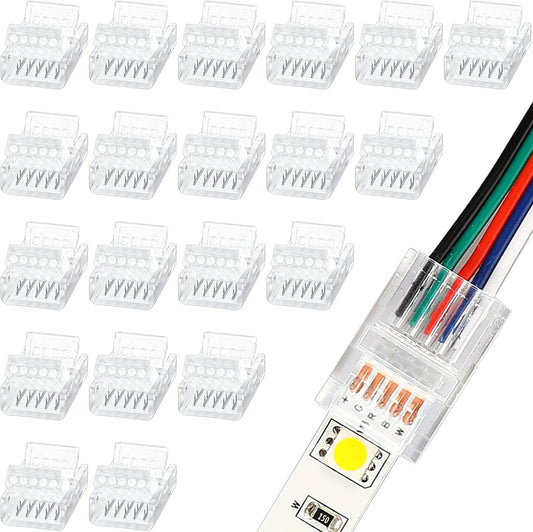 20 Pcs 5 Pin 12 mm LED Strip Connector RGB Lights Waterproof Adapter 22 Awg Wires Connector for Strip Light V1258-DP02-B-2097