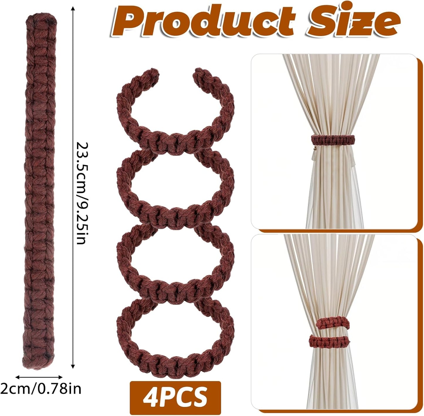 4 Pack Braided Curtain Tiebacks Boho Elegant Rustic Curtain Holdbacks Tie Backs Holders Set Simple Light V1258-DP02-B-2100