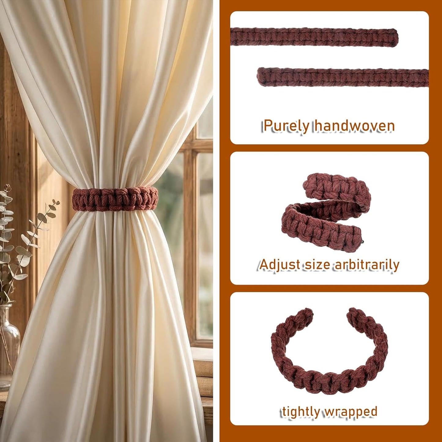 4 Pack Braided Curtain Tiebacks Boho Elegant Rustic Curtain Holdbacks Tie Backs Holders Set Simple Light V1258-DP02-B-2100