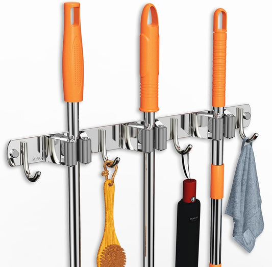 Mop and Broom Holder Wall Mount, Upgraded Broom Organizer Wall Mount, Stainless Steel Broom Hanger Wall Mount V1258-DP02-B-2102