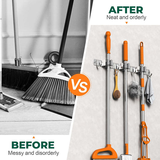 Mop and Broom Holder Wall Mount, Upgraded Broom Organizer Wall Mount, Stainless Steel Broom Hanger Wall Mount V1258-DP02-B-2102