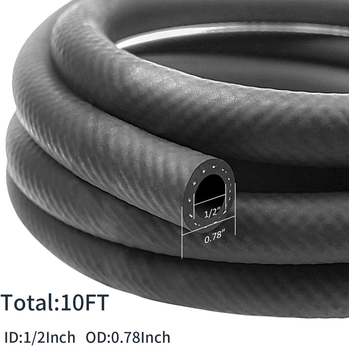 1/2 Inch ID NBR Rubber Hose, 10 Feet Fuel Hose Line Transfer Hose for Small Engine Black V1258-DP02-B-2130