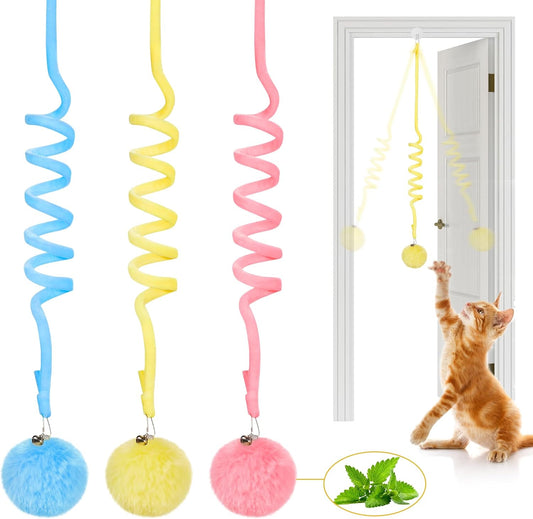 Hanging Fluffy Cat Catnip Ball Toys 3 Pcs with Bell, Interactive Cat Teaser Retractable Toys Indoor Kitten V1258-DP02-B-2135