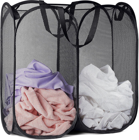 Mesh Popup Hamper - Two Compartments, Collapsible for Storage and Easy to Open. Folding Pop-Up Clothes are V1258-DP02-B-2136