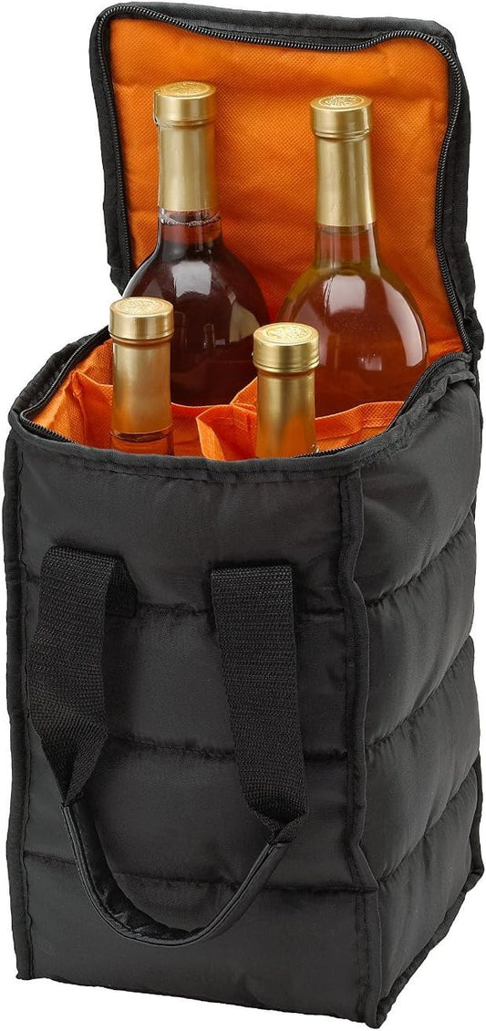 Wine Carrier Tote Bag - 4-Bottle Pockets Capacity with Padded Insulation, Zipper Closure, and Carry Handles - V1258-DP02-B-2137