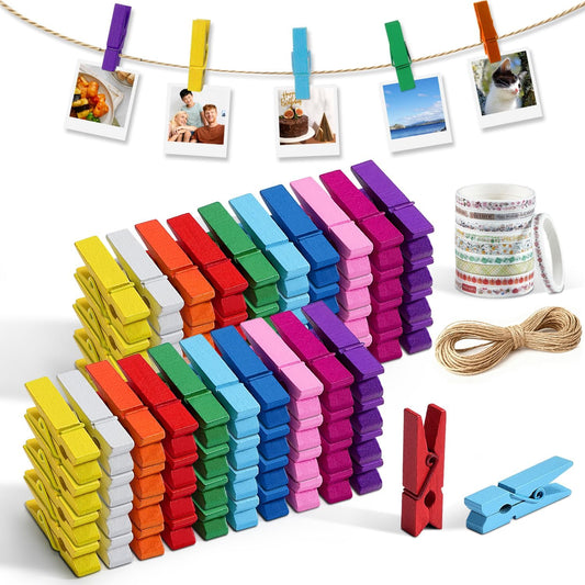 Mini Clothespins, 100 Pcs 1.4'' Strong Mini Clothespins for Photos with 10 Pcs Washi Tapes and 43 Ft Jute V1258-DP02-B-2165