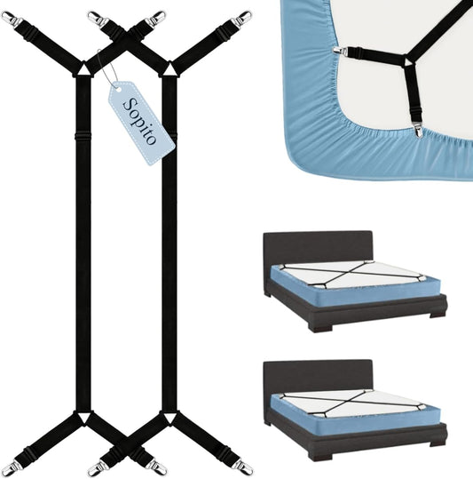 Sheet Straps, Adjustable Bed Sheet Suspenders Max Stretch from 29.5 in to 82.7 in Compatible for Crib to King V1258-DP02-B-2171