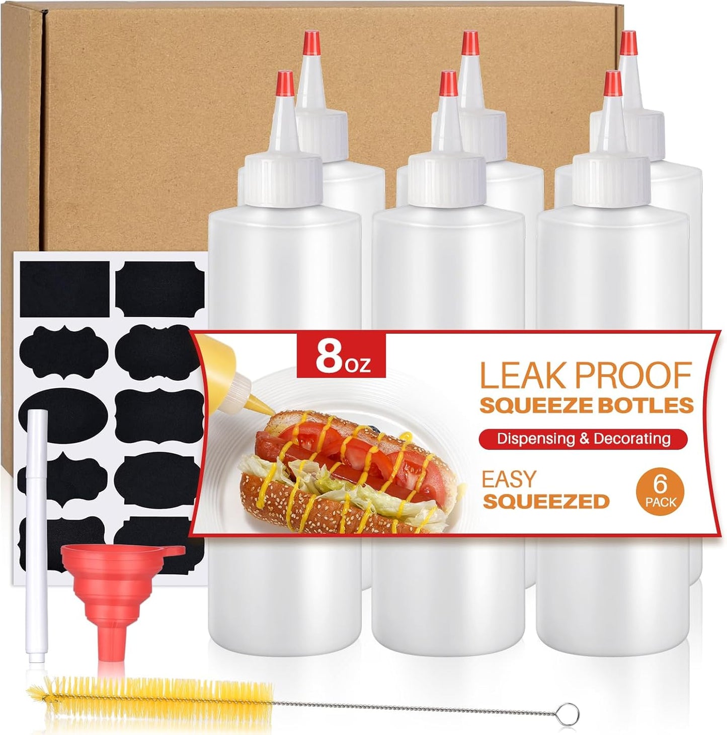 Squeeze Bottles, 8oz Plastic Condiment Squeeze Bottles with Labels & Funnels & Brusher for Liquids Sauces V1258-DP02-B-2172