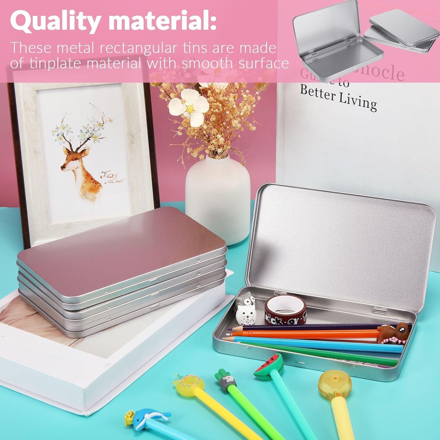 2 Pack Rectangular Metal Tin Box with Lid Metal Hinged Lid Tin Empty Box Container Storage for Watercolor V1258-DP02-B-220