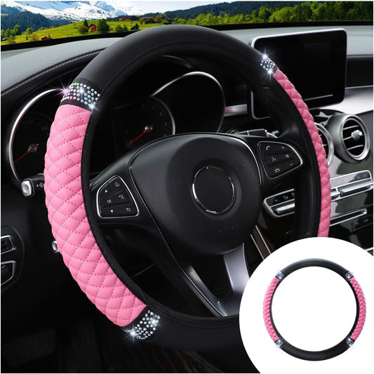Bling Soft Leather Steering Wheel Cover, 15 Inch Colorful Rhinestones Auto Elastic Protector with Crystal V1258-DP02-B-2204