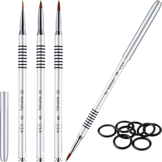3 Pcs Kolinsky 3D Nail Art Brush Set Size 2/4/5 Acrylic Nail Art Brush with Silver Metal Nonslip Grip Handle V1258-DP02-B-228