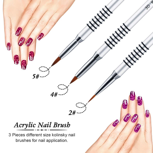 3 Pcs Kolinsky 3D Nail Art Brush Set Size 2/4/5 Acrylic Nail Art Brush with Silver Metal Nonslip Grip Handle V1258-DP02-B-228