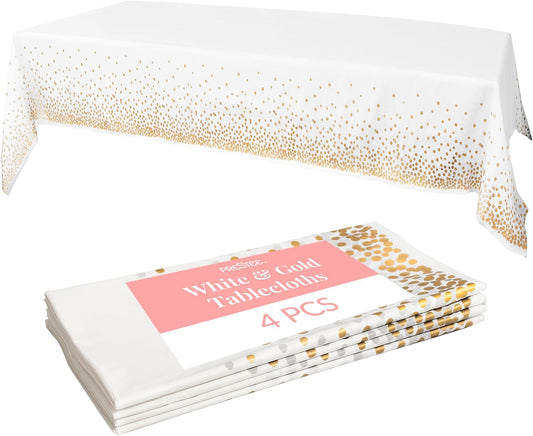 White and Gold Tablecloths, 4pk, 54x108 Inches - Party Table Cloths Disposable - Gold Dot Disposable V1258-DP02-B-2308