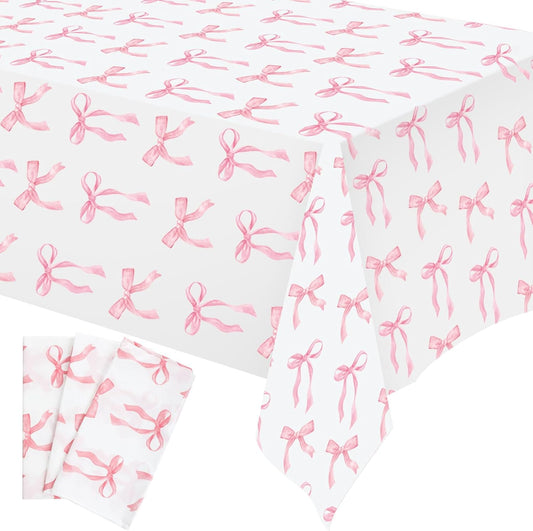 3 Pcs Pink Bow Table Cloth 54 x 108 Inch Coquette Bow Table Cover Rectangle Pink Tablecloth Disposable V1258-DP02-B-2404
