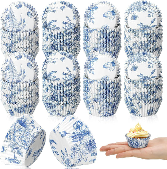 800 Pcs Blue and White Flower Cupcake Liners Flower Cupcake Wrappers Grease Proof Blue Muffin Liners V1258-DP02-B-2427