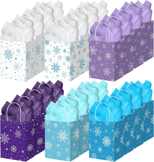 24 Pcs Winter Snowflakes Gift Bag with Tissue Paper 7 x 9 Inch Kraft Paper Goodie Bags with Handles 6 Styles V1258-DP02-B-2437