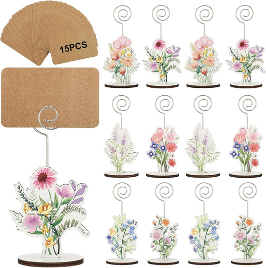 12 Pcs Wildflower Wood Place Card Holders with 15 Pcs Cards Flower Photo Iron Stands Table Setting Number V1258-DP02-B-2442