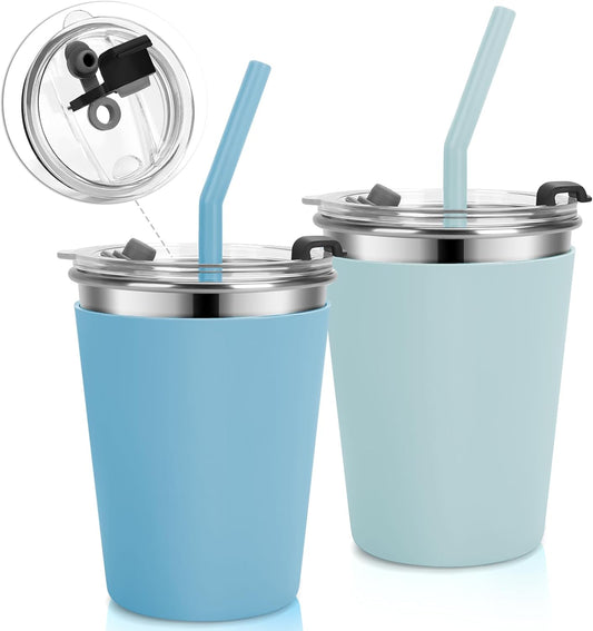 Stainless Steel Kids Cups with Lids and Straws Leakproof, 2 Pack 12oz Spill Proof Cups for Toddlers Kids V1258-DP02-B-2455