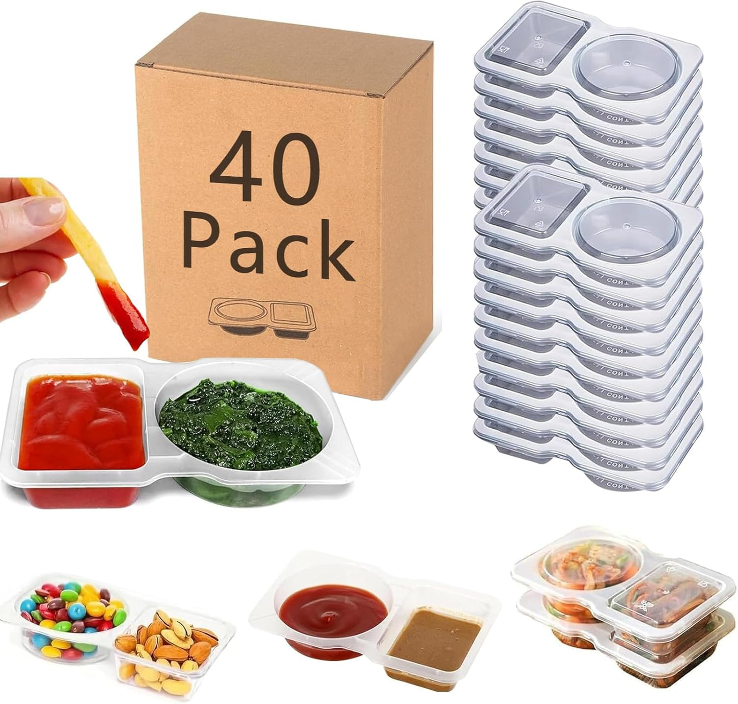 40 Sets Reusable Snack Containers, 2-Compartment Dipping Containers with Lid for Refrigeration, Portion V1258-DP02-B-2473