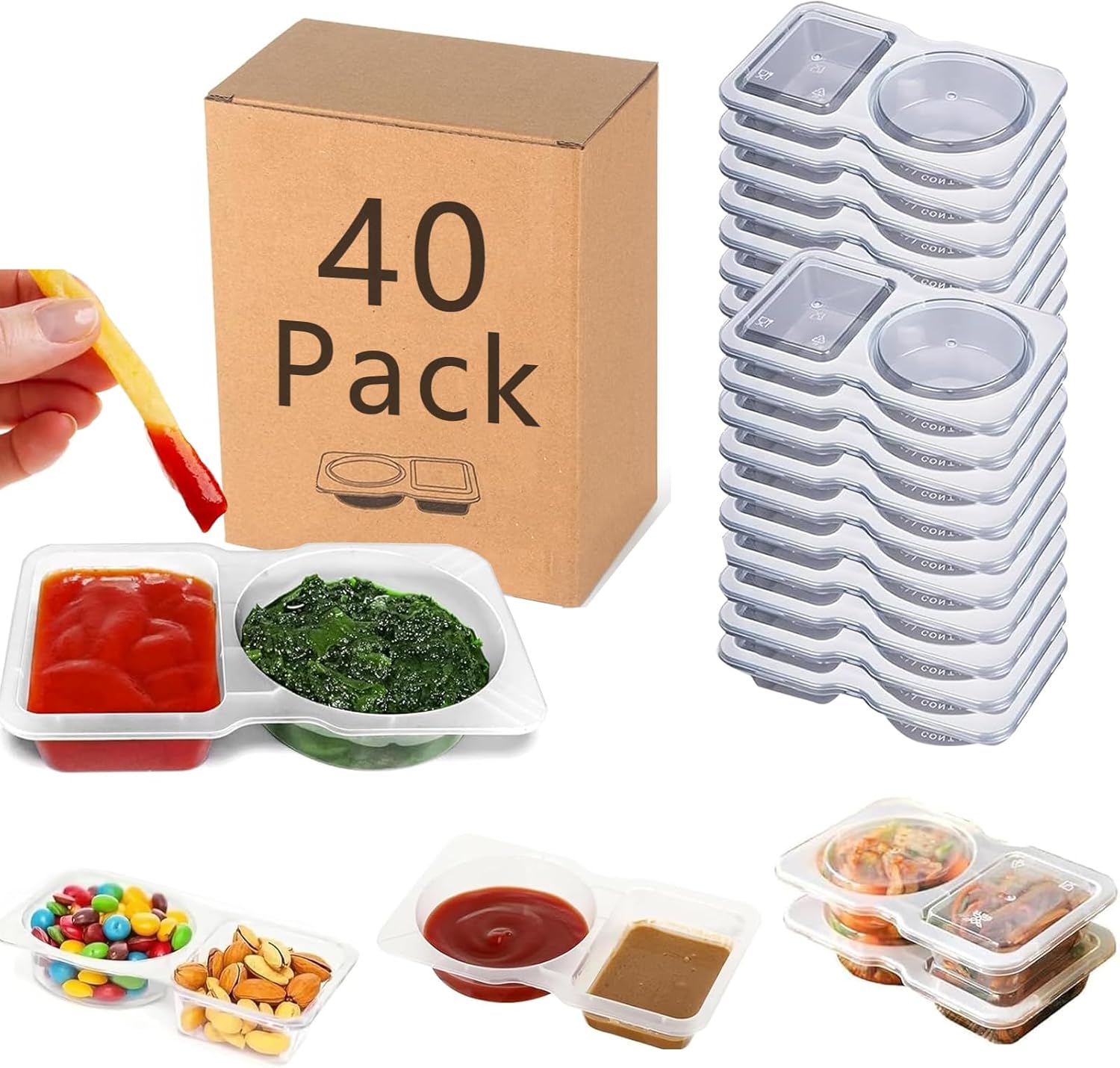 40 Sets Reusable Snack Containers, 2-Compartment Dipping Containers with Lid for Refrigeration, Portion V1258-DP02-B-2473