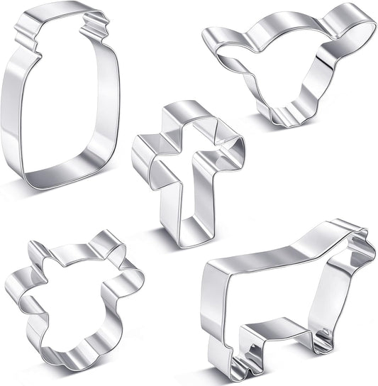 5 Pieces Cow Cookie Cutter Set, Farmhouse Theme, 5 Different Farm Animals Theme Cutters, Steel Cow Head, Milk V1258-DP02-B-248