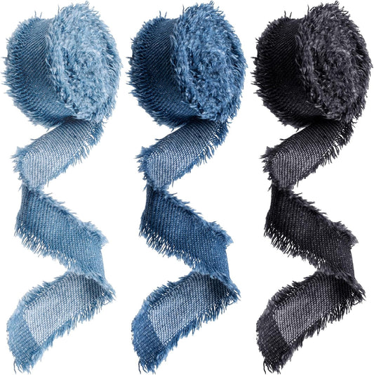 3 Rolls 2 Yards Fringes Fabric Denim Ribbon, 0.98in Frayed Ribbon Fringes Trim for Sewing, Rustic Frayed V1258-DP02-B-2509