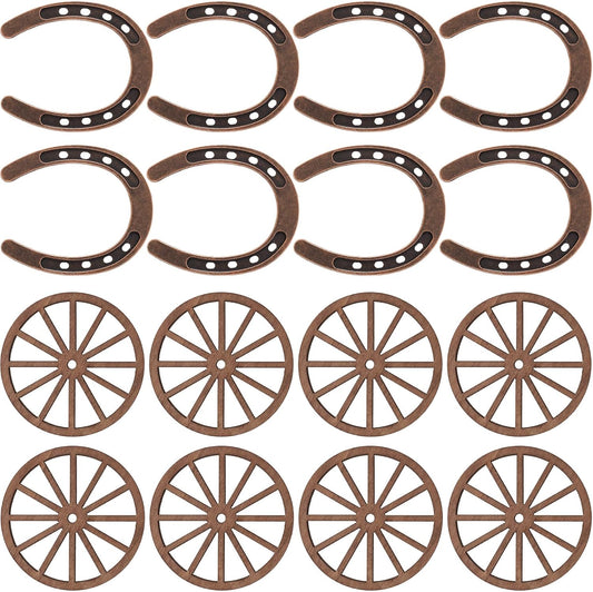 16pcs Mini Horseshoes Wagon Wheel Decor, Lucky Western Theme Party Decorations with Cordage, Vintage Wooden V1258-DP02-B-2510