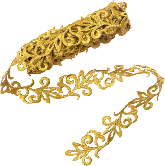 1.09 Yards Gold Iron on Embroidery Trim, Metallic Flower Lace Appliques Embellishments, Goldenrod Lace V1258-DP02-B-2512