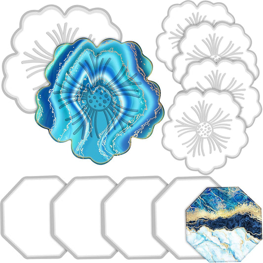 8 Pieces Coaster Silicone Resin Molds Set Include 4 Flower Coaster Resin Flower Silicone Tray and 4 Octagon V1258-DP02-B-252