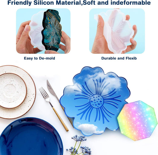 8 Pieces Coaster Silicone Resin Molds Set Include 4 Flower Coaster Resin Flower Silicone Tray and 4 Octagon V1258-DP02-B-252
