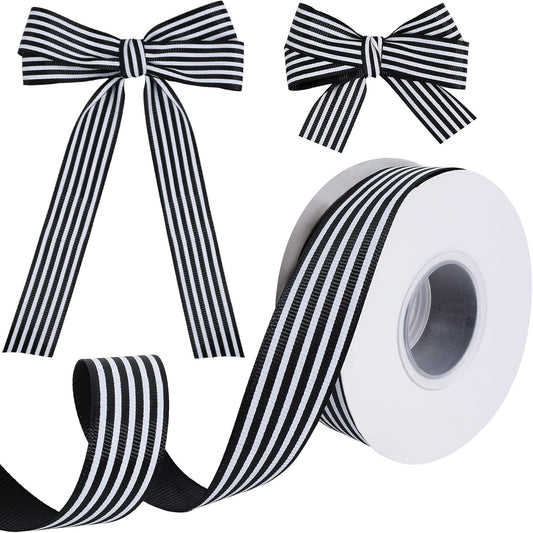 25 Yards Black and White Striped Ribbon, Grosgrain Stripe Ribbons Fabric for Crafts, 0.98in Wide Polyester V1258-DP02-B-2523