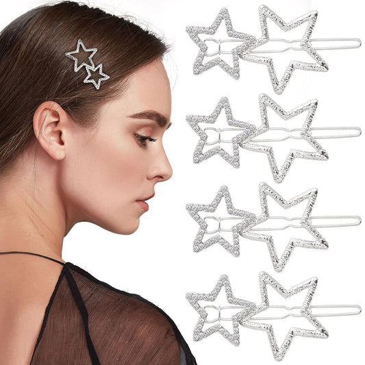 Star Hair Clips Pins Silver 8pcs, Star Hair Barrettes Elegant Metal Hair Clips Rhinestone Hairpin, Hollow V1258-DP02-B-2529