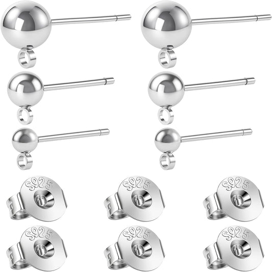 12pcs S925 Earrings Post for Jewelry Making, 3/4/5mm Hypoallergenic Ball Earring Posts Backs, Ear Stud V1258-DP02-B-2531