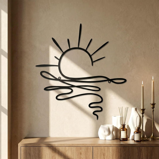 Sun Metal Wall Art Abstract Sunrise Sunset Sign Minimalist Black Line Wall Art Decor Sea Wave Modern Hanging V1258-DP02-B-2588