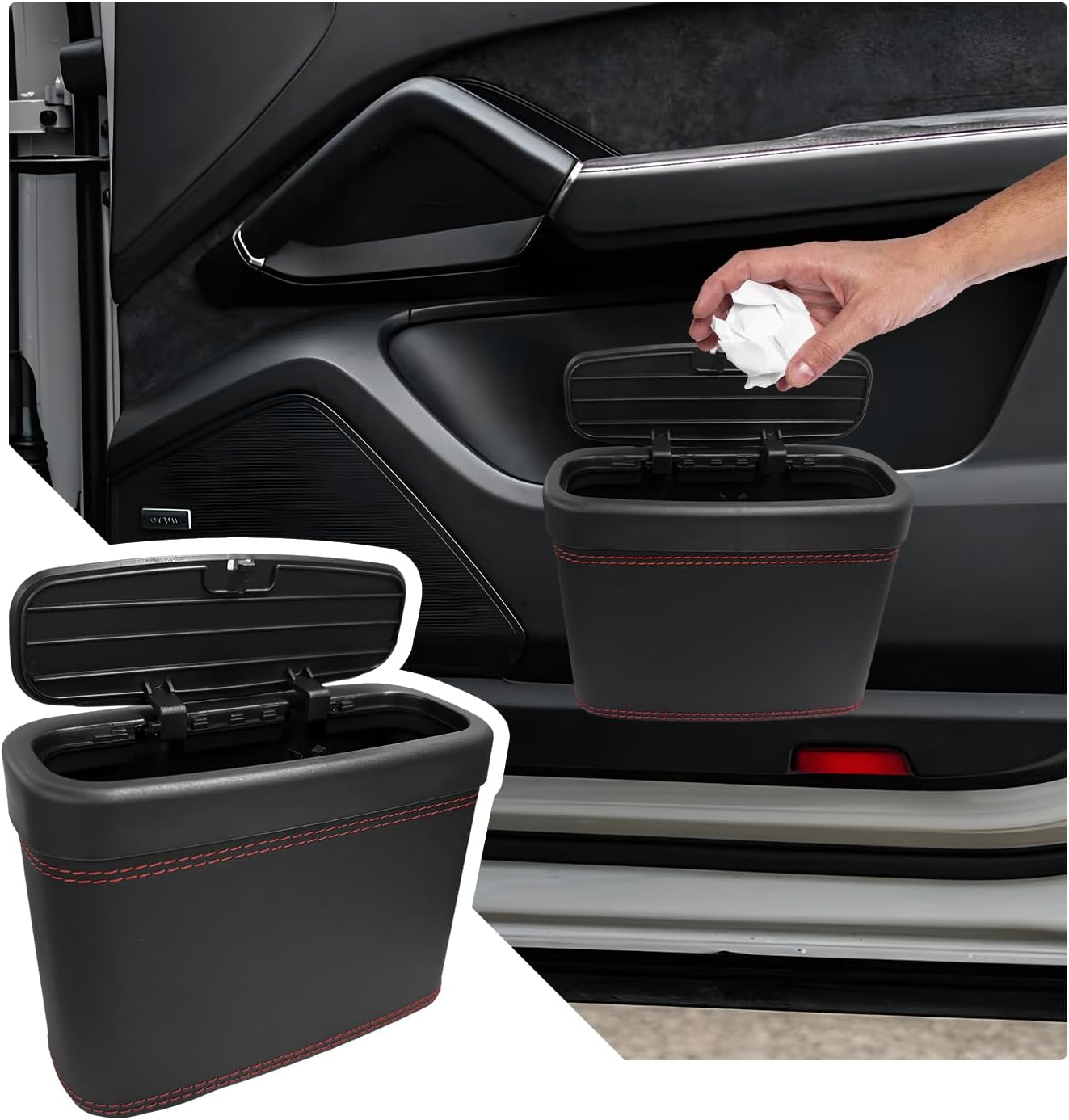 Car Trash Can with Lid, Leather Auto Dustbin Hanging Organizer with Mounting Clip, Multi-Purpose Leakproof V1258-DP02-B-2617