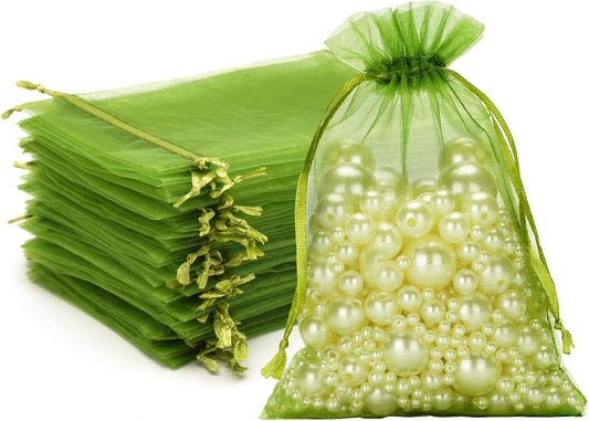 Green Organza Bags 4X6 in, 100PCS Sage Green Organza Gift Bags with Drawstring, Sheer Mesh Jewelry Pouches V1258-DP02-B-2699