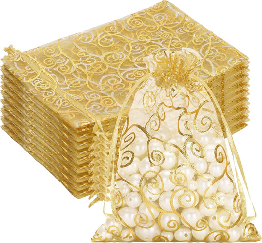 Organza Gift Bags 5x7 Inches - 50Pcs Sheer Mesh Organza Bags with Gold Rattan Printed, Drawstring Tulle V1258-DP02-B-2707
